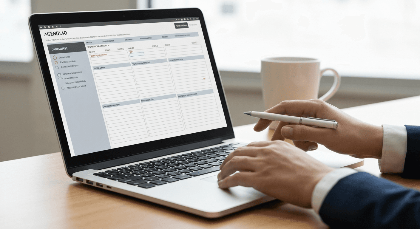 Mãos digitando em laptop com agenda de consultas na tela